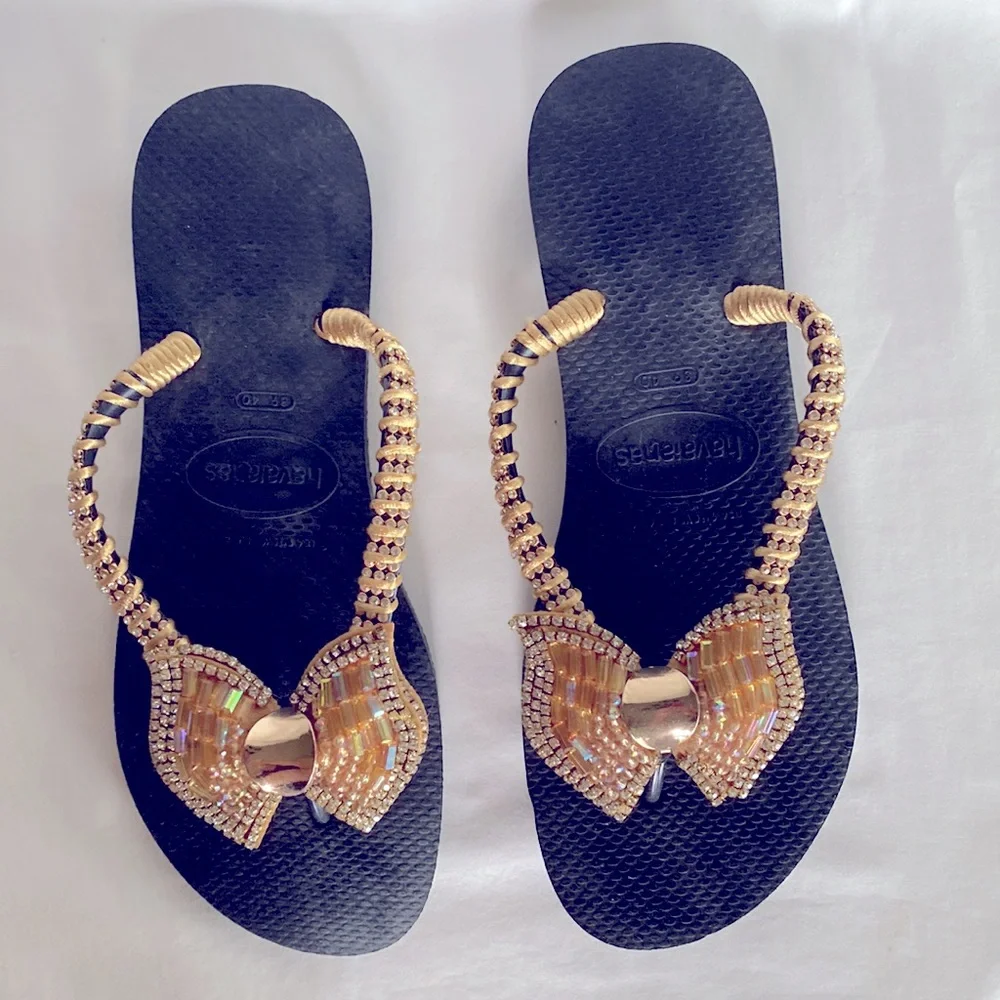 NWOT Original Slim Havaianas Handmade Decorated Bow Black/Gold US 9/10W EU 41-42 - Picture 3 of 7